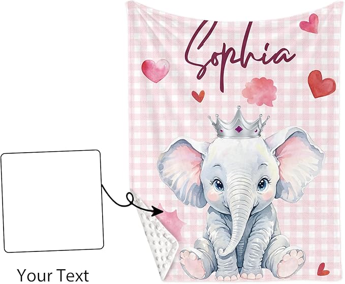 Custom Nursery Crib Bedding Set: Personalized Name 4 Piece Pink Checkered Elephant Pattern Baby Crib Sets for Girls - Toddler Double Layer Blanket Set, Comfortable Crib Bed Sheets for Baby Toddlers