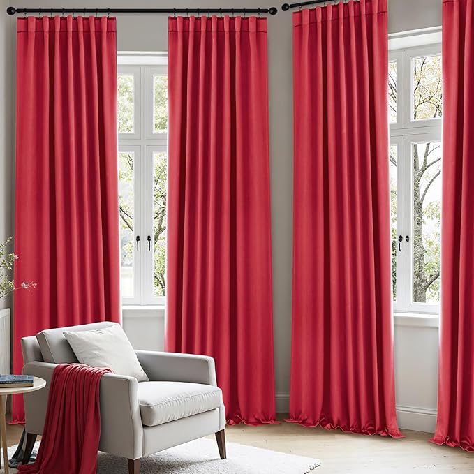 ANRODUO Back Tab Blackout Curtains for Bedroom Living Room, Rod Pocket Pinch Pleated Thermal Insulated Room Darkening Curtains 63 Inches Long 2 Panels, Red, 42 x 63 Inch