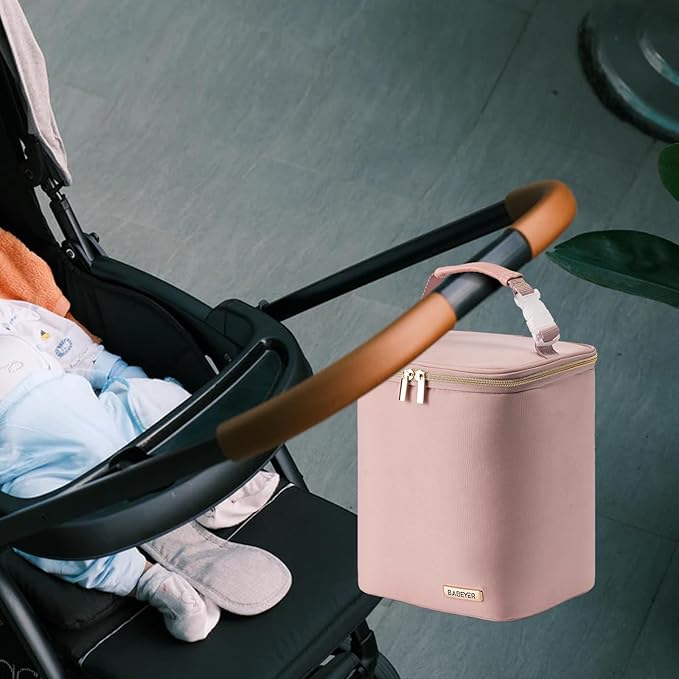 Breast Milk Cooler Bag with Ice Pack Fits 4 Baby Bottles Up to 9 Ounce, Baby Bottle Bag for Nursing Mom Daycare, Pink