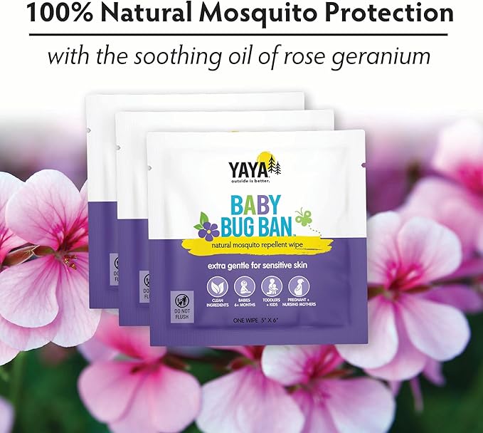 YAYA ORGANICS Baby Bug BAN Insect Repellent Wipes – All-Natural, DEET-Free, Non-Toxic, for Babies, Kids, Pregnant and Nursing Moms and Sensitive Skin (12 Count, Pack of 1)