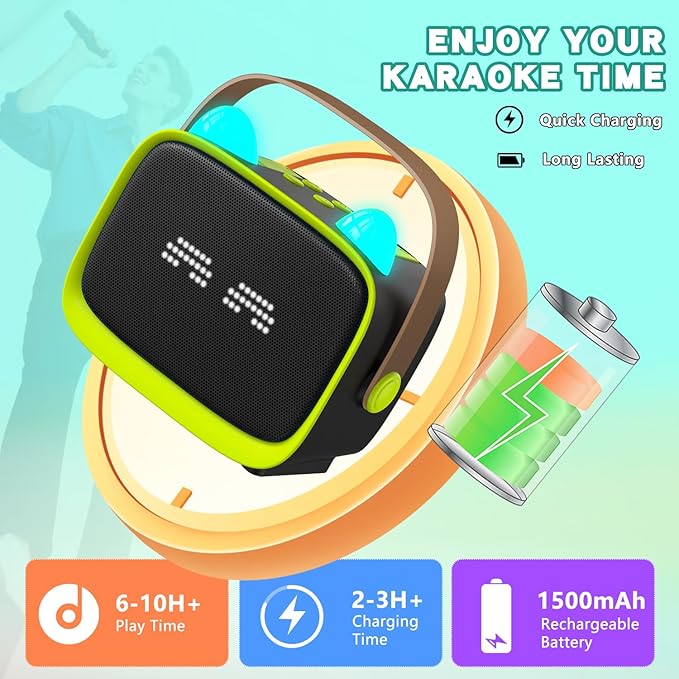 Mgaolo Upgraded Mini Karaoke Machine Toy for Kids, Portable Bluetooth Speaker with 2 Wireless Mics, Emoji & Colorful LED Lights, Home Travel & Party Play Gifts for Boys Girls (Green)