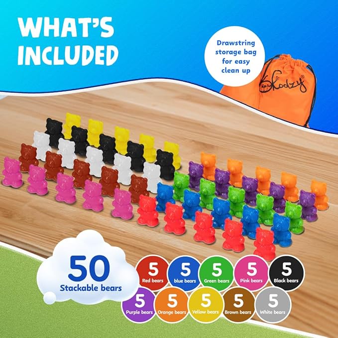 Skoolzy Rainbow Stackable Counting Bears - Stacking & Sorting Bears for Toddlers 50 pcs - Teddy Bear Math Manipulatives for 3-8 Kids & Adults