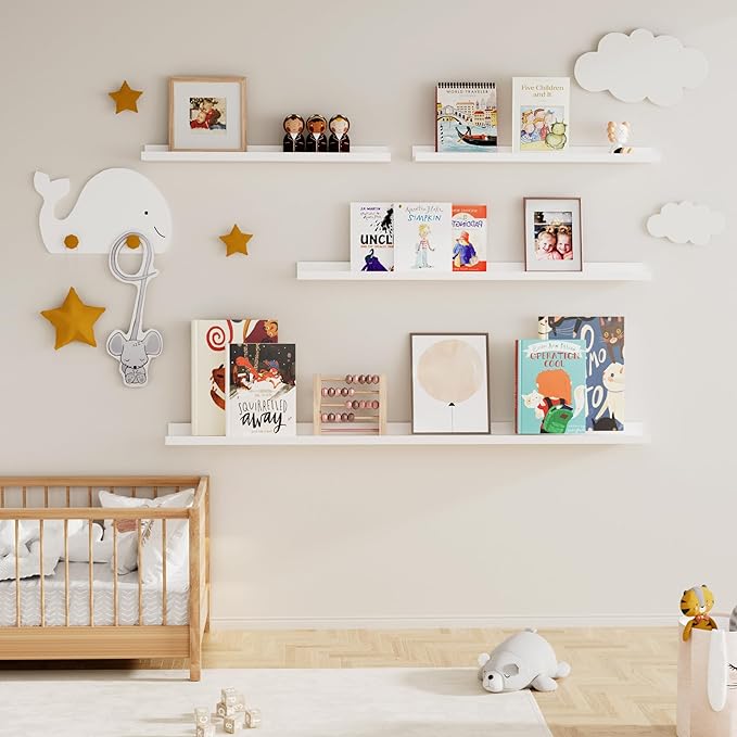 Picture Ledge Shelf for Wall, Floating Shelves Set of 4, 48 Inch Long Nursery Book Shelves for Toys Storage, Kids Bookshelf Wall Mounted for Books Photo Frames, White