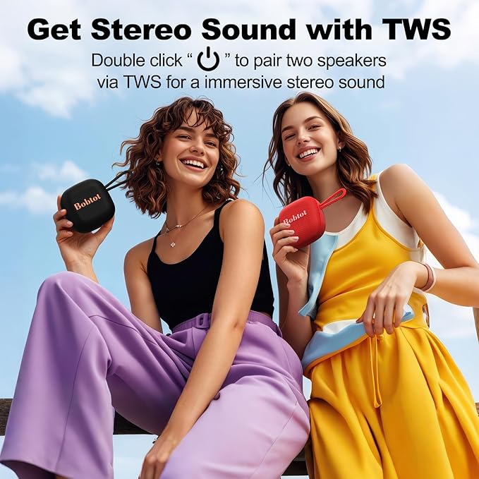 Bobtot Portable Bluetooth Speakers Wireless - IPX7 Waterproof Shower Speaker with 16 Hours Playtime, Loud Stereo Sound, TWS, Built-in Mic, Mini Size with Lanyard to Carry, Red
