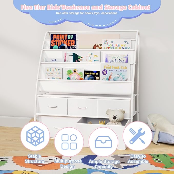 NACHES 3-Tier Kids Bookshelf with 5 Fabric Drawers, Metal Toy Storage Organizer for Kids Room, Living Room & Study Room, White (White)