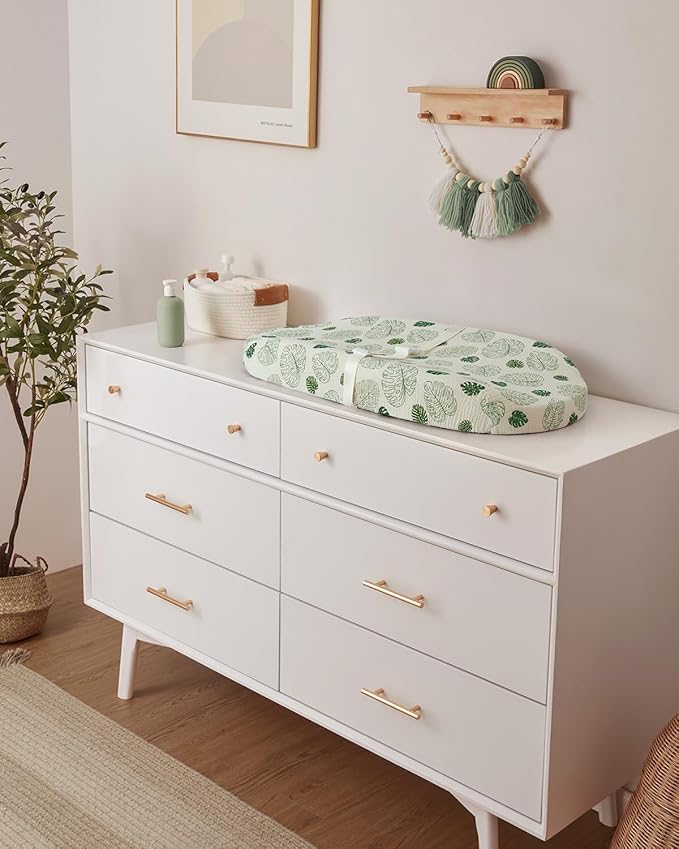 Blissful Diary Muslin Baby Changing Pad with Waterproof Lining Foam, Diaper Changing Table Pad with Cover for Dressers (Monstera, Avocado)