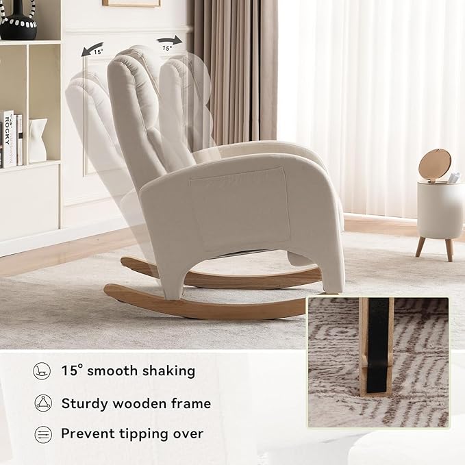 Rocking Chair Nursery,Modern Glider Chair with Adjustable Footrest and Solid Wood Legs,High Backrest Nursery Chair with Side Pocket,Rocker Armchair for Living Room Bedroom Cotton Linen, Beige