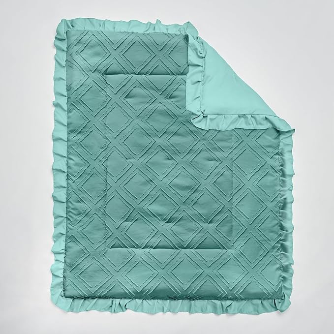 Tufted Ruffle Crib Bedding Set 3 Pieces Baby Girls Boys Boho Quilted Comforter with Fitted Sheet and Bed Skirt - Cute Ruffled Shabby Chic Baby Bedding Soft Blanket Design Teal Blue