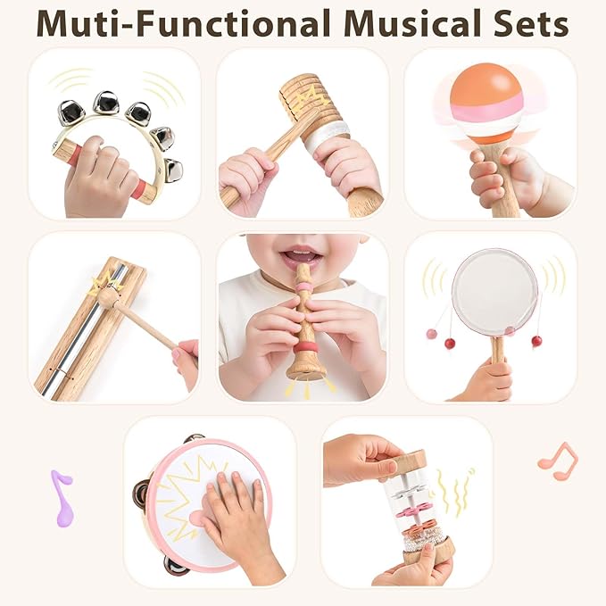 Musical Toys for 2 3 Year Old Girl Birthday Gifts, Wooden Montessori Toys for 2 Year Old, 8 in 1 Musical Instruments for Toddlers with Drum/Hand Bells/Flute/Maracas, Preschool Toys for Baby 18+ Months