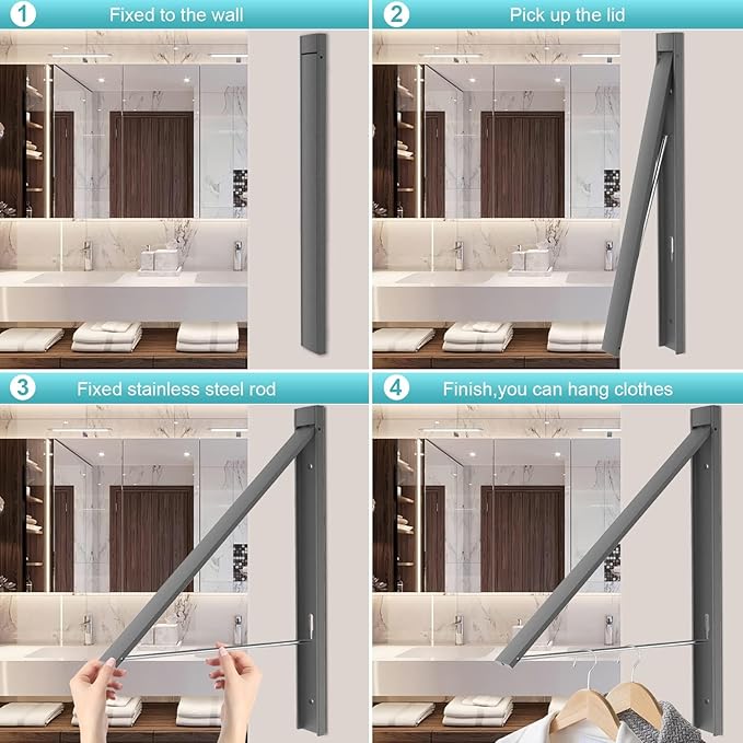 Wall Mounted Drying Rack - No Drill Installation, Space Saving Foldable Clothes Rack for Laundry Room, Dorm, Apartment,RV, Closet. Heavy Duty & Rustproof Aluminum Alloy (Gray)