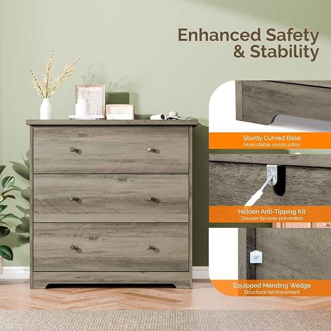 VINGLI 3 Drawer Dresser with Charging Station, Small Dresser Grey Chest of Drawers, 31.5" W Gray Wood Dressers for Bedroom, Living Room, Hallway, Home Office, 15.75" D x 31.5" W x 31.5" H