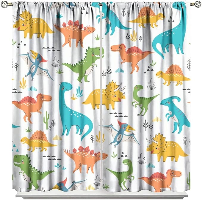 Kids Dinosaur Curtains for Boy Girl Bedroom Decor Cartoon Dino Colorful Cute Funny Animal Wildlife Printed Blackout Rod Pocket Window Drapes for Baby Nursery Playroom Living Room W21xL45in 2 Panels