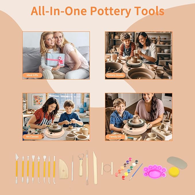 MZOKUU Mini Pottery Wheel Machine for Kids and Beginners, Adjustable Speed, Complete Pottery Kits with Air Dry Clay, Sculpting Tools, Art & Crafts Kits for Home DIY