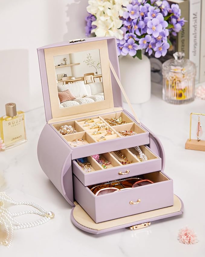 Homde Girls Jewelry Box Jewelry Storage Case Organizer Faux Leather with Mirror for Rings, Earrings, Bracelets, Necklaces (Grey Purple)