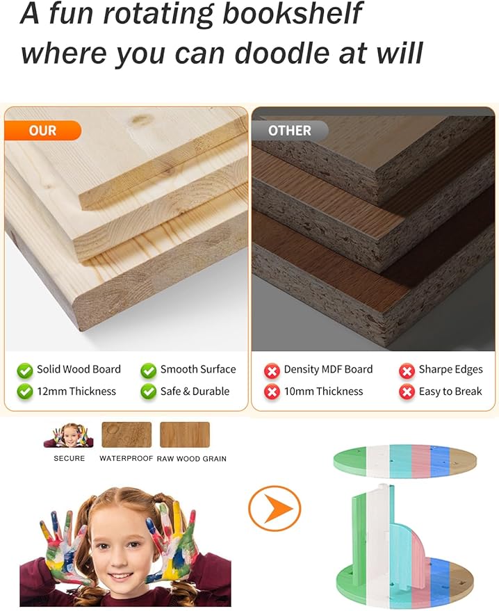 Rotating Bookshelf, 360 Display 3 Tier Floor Standing Bookcase Storage Rack for Kids&Adult, Wood Narrow Book Shelf Organizer for Bedroom, Living Room, Study Room