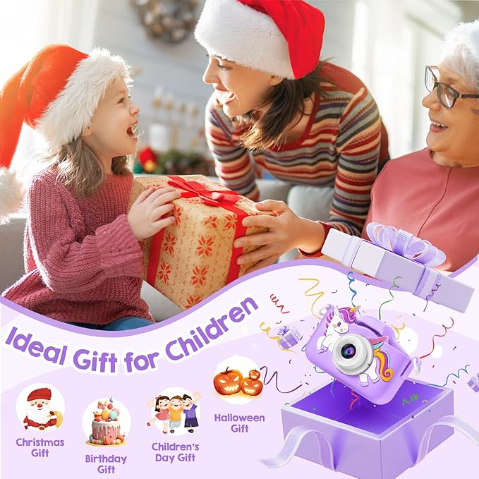Kids Camera, Toys for Toddlers Age 3-8 Year Old Girl Christmas Birthday Gifts, Children Digital Camera with Cartoon Soft Silicone Cover and 32GB Card (Violet)