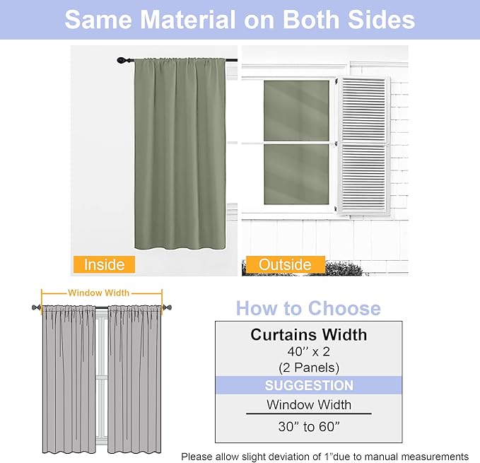 Simplebrand Ava Sage Green Blackout Curtains for Bedroom 63 Inch Length 2 Panels Set, Solid Thermal Insulated Energy Saving Rod Pocket Window Treatment Curtains Blackout Drapes, W40 x L63 Inch, Sage