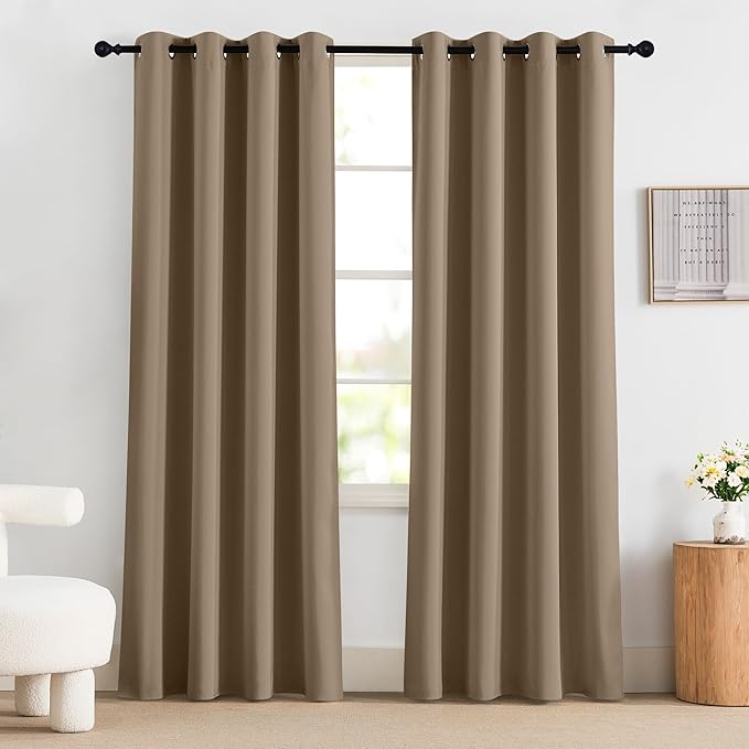 NICETOWN 100% Blackout Curtains 84 inch Long for Bedroom, Total Blackout Thermal Insulated Grommet Long Window Curtains 2 Panels Set, 2 Panels, Khaki, 52 inch Wide