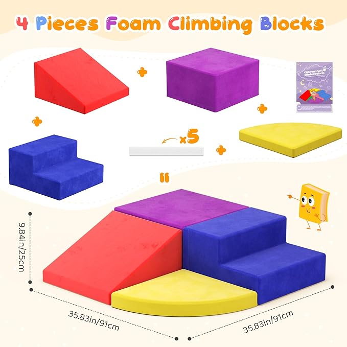 Lischwert Foam Climbing Blocks for Toddlers 1-3, 4pcs Soft Play Set with Crawling Exploration Toys, Indoor Outdoor Infant Safe Blocks for Baby Gym & Toddler Playground - Colorful