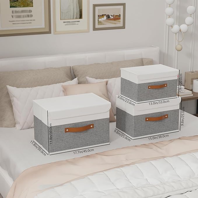 Yawinhe Storage Bins with Lids, Fabric Foldable Boxes, Washable and Leather Handle, Cube Organizer Basket for Home, Closet, White/Grey, 17.7''Lx11.8''Wx11.8''H, 7-Pack, USNK024WGX-7