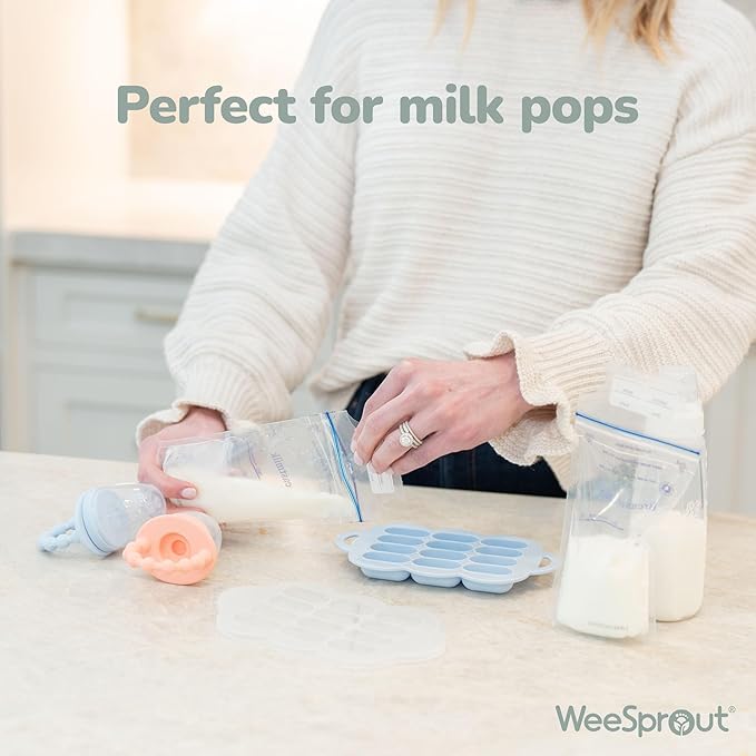 WeeSprout Silicone Baby Food Feeders + Freezer Tray for Batch Prep, Set of 2, Introduce New Foods Safely, Double as Teething Toys, Includes 2 Extra Pouches & Travel Lids, Dishwasher Safe