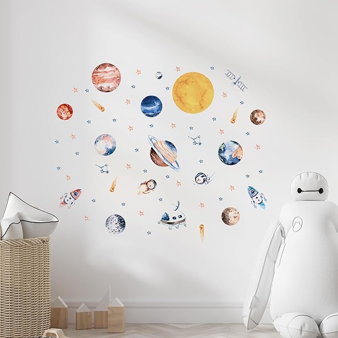 Solar System Wall Decals for Kids - Planets and Space Themed Wall Stickers by Lipastick - Peel and Stick Vinyl Decals for Boys and Girls Bedroom, Nursery, Playroom - Wall Stickers for Girls Room