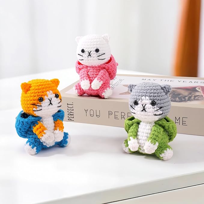 Crochet Kit for Beginners - 3 PCS Crochet Kits with Step-by-Step Video Tutorials, Beginner Crochet Kit for Adults Kid, Crochet Animal Kit for Starters, Cat Dressed as Shark Frog Strawberry