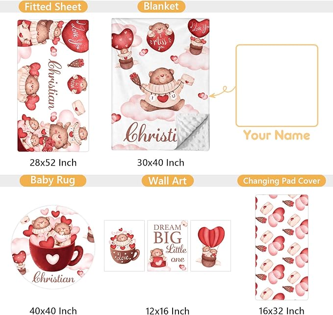 Custom Crib Bedding Set, 5 Pcs Personalized Name Nursery Bedding Set with Double Layer Flannel Blanket, Heart & Bear Baby Crib Set for Girls Boys, Customized Gifts for Infants Babies Toddlers