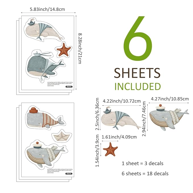 Whale Wall Decals for Nursery – 18 Decals, Ocean Theme Removable Stickers for Kids Room, Sea Animal Baby Room Decor, Reusable Wall Stickers for Furniture & Glass (6 Sheets)