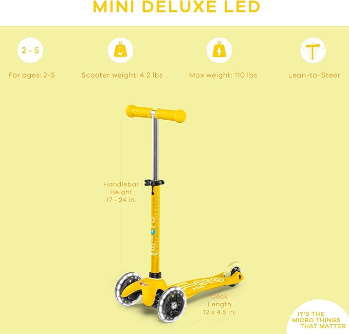 Micro Kickboard Mini Deluxe LED Three-Wheeled Lean-to-Steer Swiss-Designed Micro Scooter