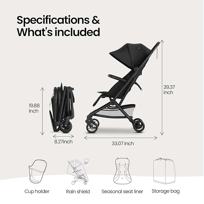Mompush Velo Lightweight Travel Stroller – One-Hand Fold, Ultra-Compact & Airplane Friendly, Lie-Flat Recline Seat (from Birth to 50 lbs), Includes Cup Holder, Shoulder Strap, and Leather Bumper Bar