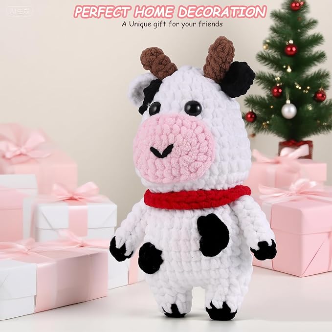 Crochet Animal Kit – 10in Big Adorable COW, Amigurumi Crochet Kit For Intermediate Advanced Level, Kids Knitting Kit With Detailed Videos Tutorials, Yarn, Crochet Hook, Best Gift For Crochet Lovers