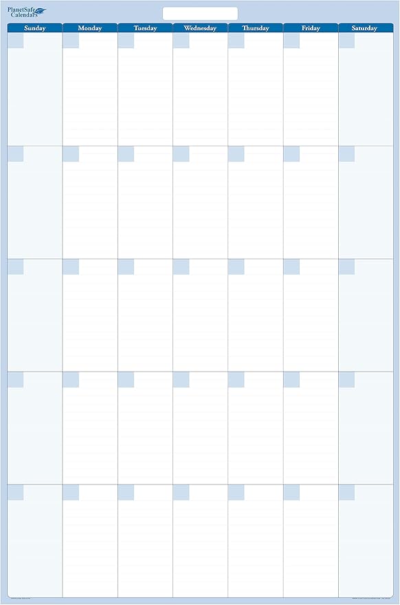 Vertical 56"h x 36"w blue 30-day/1-month dry-erasable wall planner calendar. Complete with dry-erase marker and eraser