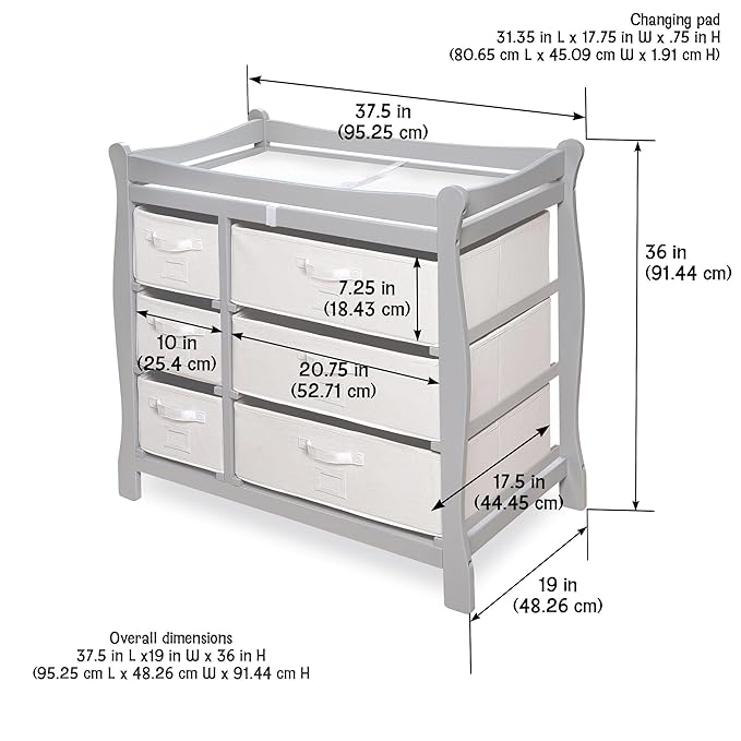 Badger Basket Sleigh Style Baby Changing Table - Diaper Station with 6 Removable Storage Baskets, Safety Rails, Pad, and Belt - Nursery Organizer - Cool Gray