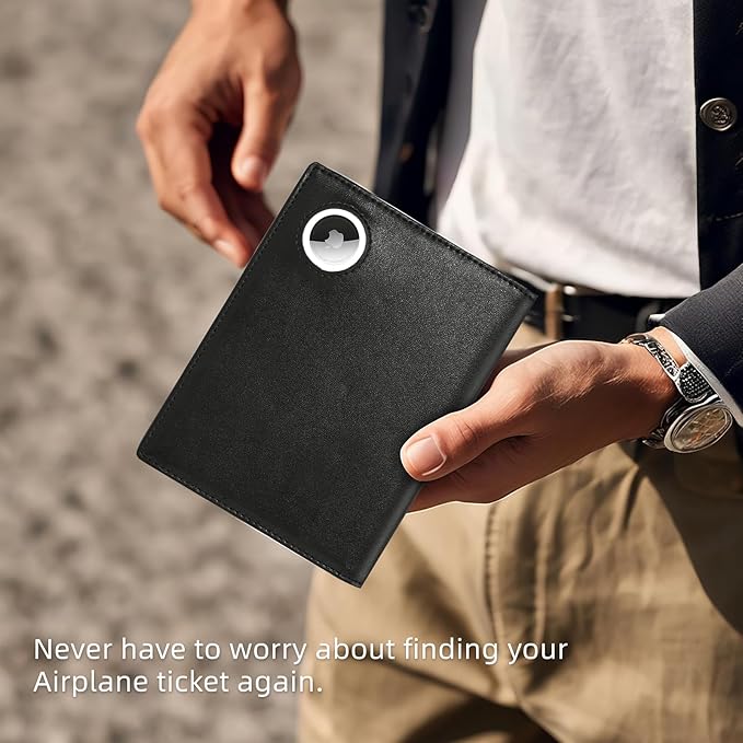 Passport Wallet With Airtag for Travel, Leather Passport Holder for Men and Women, RFID Blocking Bifold Passport Cover With Credit Card Holder (Black)