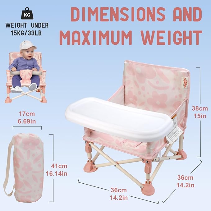 Tiny Marvels Portable 3-in-1 Baby Booster Seat, Cozy Floor Seat, Feeding Seat with Tray, Compact Foldable Toddler Booster with Child Safety Belt Carry Bag, Perfect for Travel (Blush Bloom)