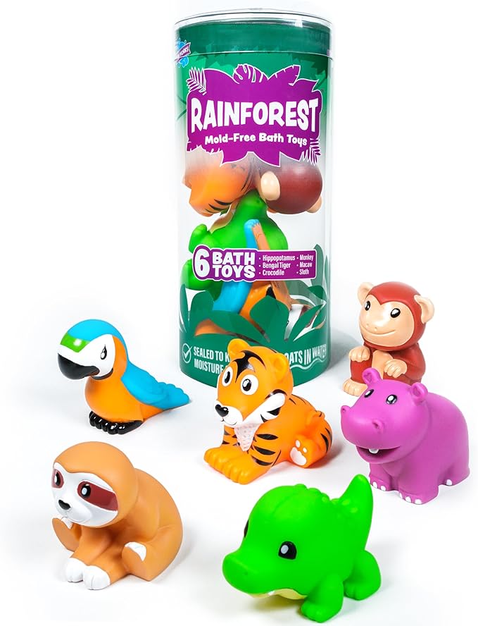 Tub Works® Rainforest™ Mold Free Bath Toys, 6 Pack | Sealed, No Hole Bath Toys Design Keeps Moisture Out | Soft, Squeezable & Float on Water | Easy-Grip Baby & Toddler Bath Toy | Great Baby Pool Toys