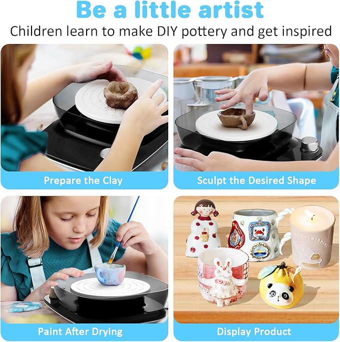Pottery Wheel for Kids - Complete Pottery Kit & Tools for Beginners, Plug-in Rechargeable Battery, Upgraded Detachable Turntable Adjustable Speed, DIY Clay Maker for Kids 9-12 (Black, Patented)