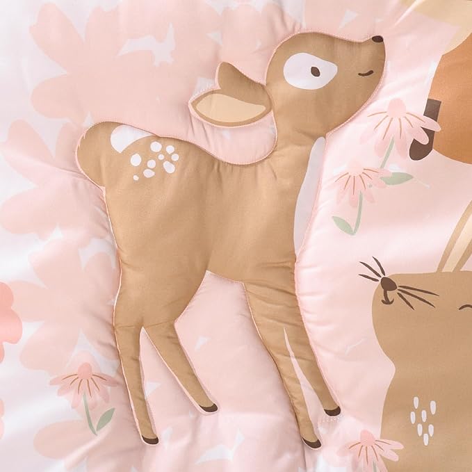 The Peanutshell 3 Piece Baby Crib Bedding Set for Girls - Newborn, Infant & Toddler Nursery Bed Set Decor with Fitted Crib Sheet, Dust Ruffle Comforter - Fairytale Forest