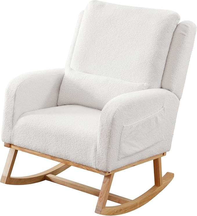 Rocking Chair Nursery, Sherpa Nursing Rocking Chairs, Upholstered Nursery Glider Rocker Wingback Morden Rocking Chair with Lumbar Pillow for Mom Nursery, Living Room, Bedroom, Teddy White