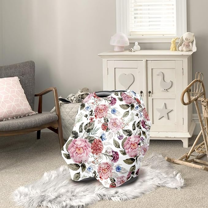 Nursing Cover Breastfeeding, Multi-use Baby CarSeat Cover Girls, Infant Stroller Car Seat Cover, Stretchy Carseat Canopy, Soft Breathable, Peony