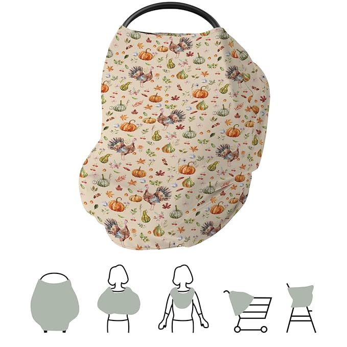 Thanksgiving Turkey Pumpkins Car Seat Covers Vintage Autumn Leaves Stretchy 5-in-1 Cover Adjustable Infant Carseat Cover Canopy Fall Harvest Breathable Nursing Cover-Up