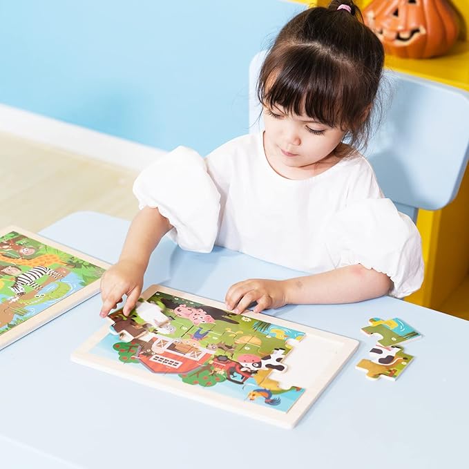 Animals Wooden Jigsaw Puzzle for Kids Set of 2 - African Wildlife and Farm Animals(15 pcs) Preschool Educational Learning Toys Gift for Toddlers Boys and Girls