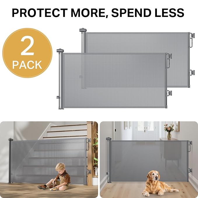 Cumbor 2-Pack Retractable Baby Gates for Stairs, 55" Wide Soft Mesh Pet Gate for Dogs with One Hand Opening, 34" Tall Toddler Gate with Top Lock for Bedroom, Doorways, Indoor/Outdoor, Gray
