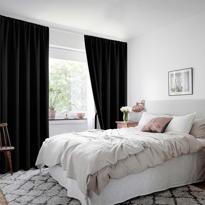 XWZO Complete Blackout Window Curtain Panels with Tiebacks- Noise Reduction and Light Blocking Rod Pocket Curtains with Black Liner for Studio, Basement Room, Black, W42 x L72, Set of 2