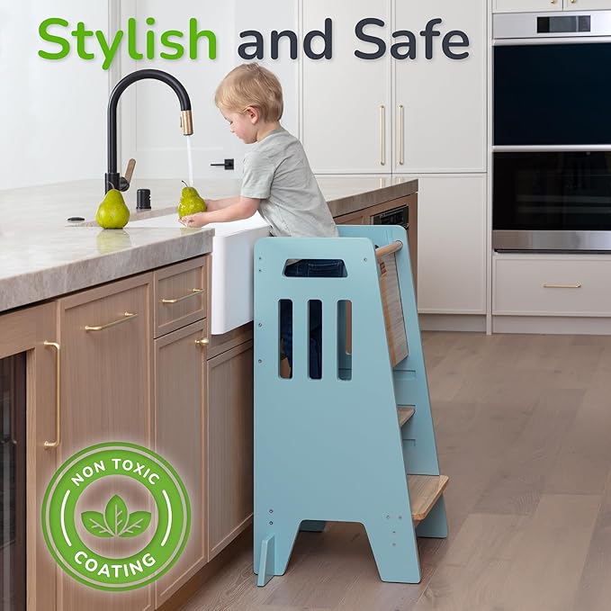 Toddler Tower with a Sliding Door and 3 Adjustable Heights - Complete Toddler Kitchen Stool Helper with Support Feet - Safe Design for 18+ Months to 6-Year-Old Kids - Blue