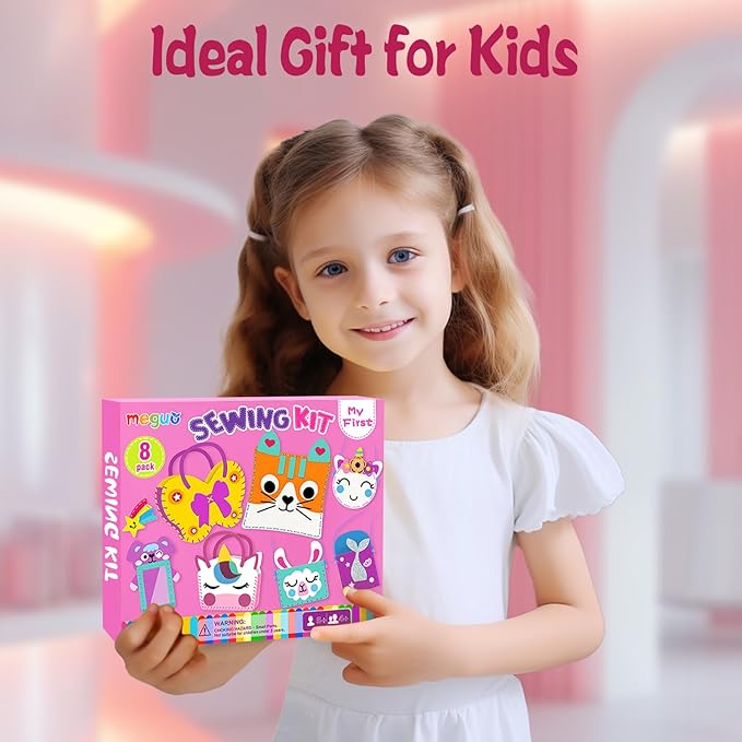 MEGUO Sewing Kit for Kids,Beginner Arts and Crafts, 8 Easy DIY Handbag and Ornaments, Christmas Birthday Gifts Presents Toys for Girls 4-12, Learn to Sew/Embroidery,Parent-Child Interaction