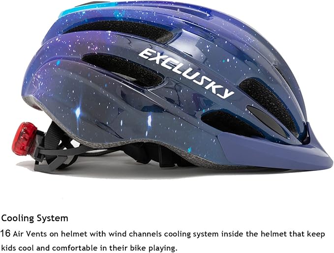 Exclusky Kids Bike Helmet with LED Light – Adjustable Multi-Sport Youth Helmet for Boys & Girls, Ages 5-12, Fits 50-57cm, Cycling Safety Gear
