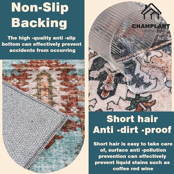 Washable Area Rug 8'x10' Red Blue Retro Boho Design Non-Shedding Non-Slip Easy Care Ideal for High Traffic Areas in Living Room Bedroom Office Coffee Table Kitchen Large Carpet