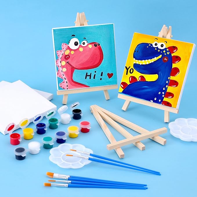 ESRICH 8 Set Mini Acrylic Paint Kit,5in Mini Stretched Canvas with 7.5in Easel,Acrylic Paint Strips,Paint Palettes,Painting Brushes, Small Canvas and Easel Set for Kids Artists Beginner,Gift